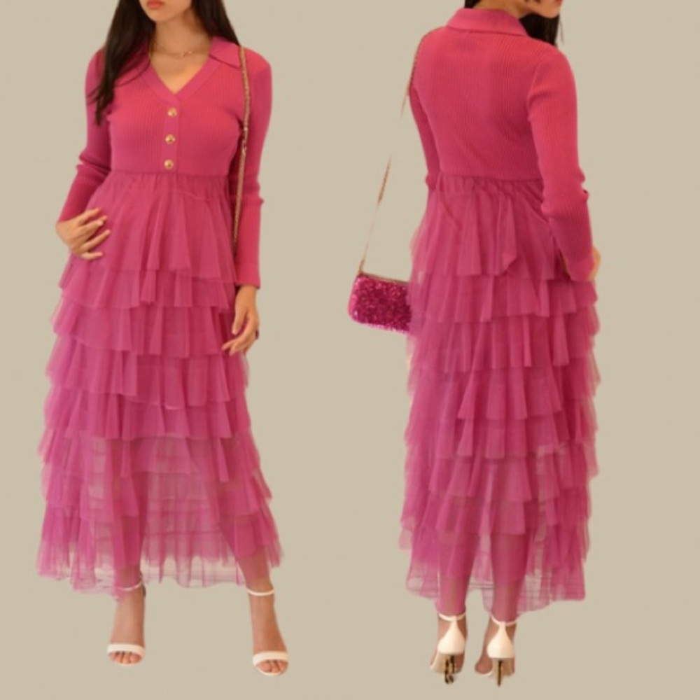 New in So Pretty Fuchsia Fitted Knit Dress with Tiered Ruffle Skirt